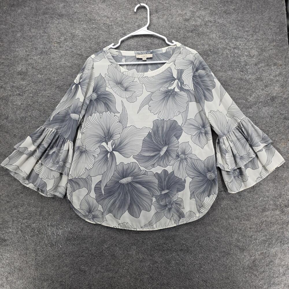 LOFT Blouse Womens Medium White Gray Floral Ruffle Bell Sleeve Boho Top